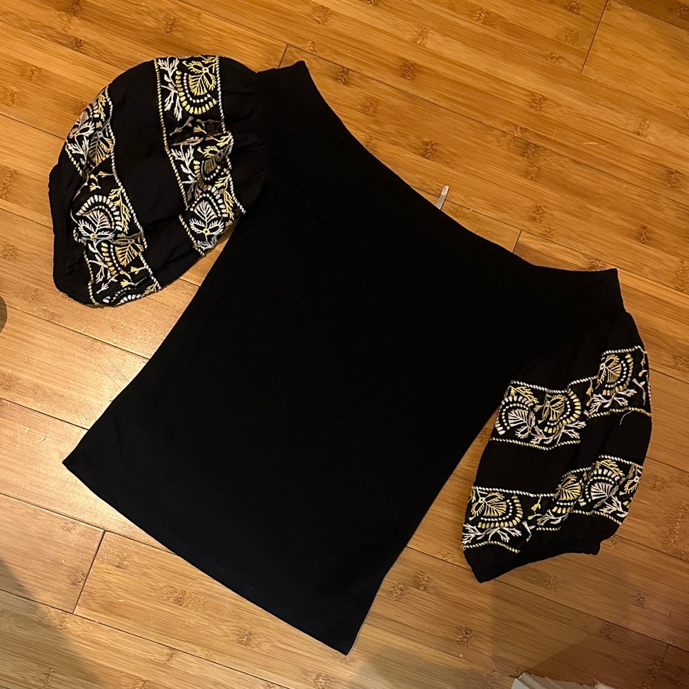Free People Black Off-Shoulder Blouse with Gold Detailing